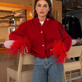 Ins Autumn And Winter New Women's Elegant Temperament Red Feather Design Knitted Cardigan Jacket