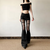 2025 New Women's Hottie Fashion Crack Hollow Design Bow Tie Strap To Repair Micro-Trumpet Pants