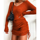 2025 Knitted Sweater V Collar Long Sleeve Autumn And Winter Sexy Body Threaded Skirt Folding Drawstring Skirt