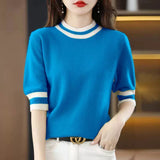 2025 Round Collar Half-Sleeve Tight Cover Sweater Five-Point Sleeve Top Female Knitting Bottom Flying Sleeve Half-High Collar