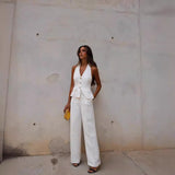 Autumn New Women's Folding Decoration High-Waist Wide Leg Pants Leak Back Hanging Neck Vest