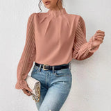 2025 Spring And Autumn New Solid Color Half Height Folding Spliced Wavy Lotus Leaf Side Long Sleeve Yarn Cloth