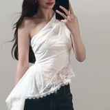 Real Price White Irregular Slanted Shoulder Sling Vest Women's Summer Design Slimming High-End Feel Blouse
