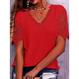 2025 Women's T-Shirt Burst Lace Splicing Loose V-Neck Short-Sleeved T-Shirt