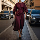 2025 Women's Fashion Temperament Elegant Solid Color Waist Dress Casual Bat Sleeve Dress
