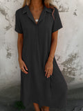 2025 New Leisure Spring And Summer Loose Short-Sleeved V-Neck Solid Cotton Shirt Dress