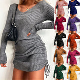 2025 Knitted Sweater V Collar Long Sleeve Autumn And Winter Sexy Body Threaded Skirt Folding Drawstring Skirt
