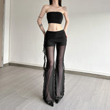Fashion 2025 Summer New Women's Sexy Hottie Lotus Side Design Folding Mesh Splicing Perspective Leisure Pants