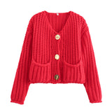 Autumn/Winter 2025 New Women's Solid-Color Casual Fashion Coarse Knit Long-Sleeved Sweater Cardigan Jacket