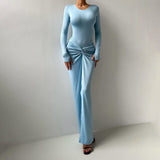 Women's 2025 Summer New Round Neck Fashion Sexy Body Folding Fork Long Sleeve Skirt Set