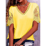 2025 Women's T-Shirt Burst Lace Splicing Loose V-Neck Short-Sleeved T-Shirt
