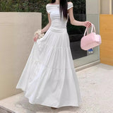 Large-Size Fatmm Cake White Dress Autumn Big Umbrella Skirt Folded Tight Body Fat Long Skirt