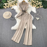 High-Grade Gray West Assembly V-Neck Double Buckle Vest Sleeveless Waist Blouse + High Waist-High-Scretch Broad-Legged Trousers Two