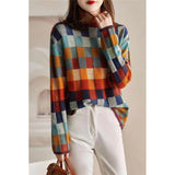 Colorful Color Chessboard Wool Knitwear Autumn And Winter New High-Collar Lazy Thin Wearing Tattoo Sweater Woman