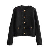 Golden Buckle-Repair Knitted Cardigan 2025 Spring Collar Bag Long-Sleeved Women's Sweater Coat