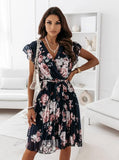 2025Wish Explosion Summer Lotus Leaf Side Short-Sleeved V-Neck Digital Printed Dress Woman