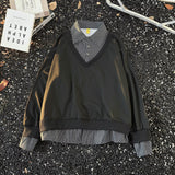 Autumn And Winter Wearing Black Ash Splicing Colliding College Style Cardigan Sweater Over The Couple Niche Oversize Knitwear Shirt