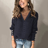 Autumn/Winter 2025 New Lace V-Necked Jacket Sweater Lady Loose Long-Sleeved Solid-Colored Sweater