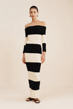 New Women's Fashion Elegant Shoulder-To-Shoulder Knitted Blouse Striped Shoulder-Long Dress