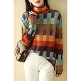 Colorful Color Chessboard Wool Knitwear Autumn And Winter New High-Collar Lazy Thin Wearing Tattoo Sweater Woman