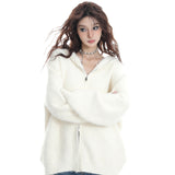 Early Autumn White Double Zipper Hooded Stingy Sweater Cardigan Soft Mashed Sweet Hot Girl Blouse