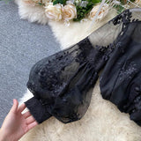 French Retro Mesh Lace Blouse Women's Collar Three-Dimensional Embroidered Bubble Sleeve Court Style Slim Shirt Woman