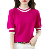 2025 Round Collar Half-Sleeve Tight Cover Sweater Five-Point Sleeve Top Female Knitting Bottom Flying Sleeve Half-High Collar