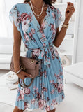 2025Wish Explosion Summer Lotus Leaf Side Short-Sleeved V-Neck Digital Printed Dress Woman