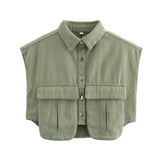 10 Color Women's Clothing 2025 Spring Solid Color Big Pocket Sleeveless Polo Collared Denim Shirt Blouse