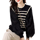 Fake Two French Knitted Women's New Long-Sleeved Retro Fashion Stripe Sweater Tops In Autumn/Winter 2025