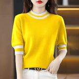 2025 Round Collar Half-Sleeve Tight Cover Sweater Five-Point Sleeve Top Female Knitting Bottom Flying Sleeve Half-High Collar