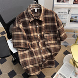 Plaid Short-Sleeved Shirt Men's Summer Retro Casual Five-Sleeve Shirt High Street Tide Coat