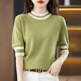 2025 Round Collar Half-Sleeve Tight Cover Sweater Five-Point Sleeve Top Female Knitting Bottom Flying Sleeve Half-High Collar