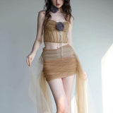 2025 Summer New Sexy Chest Umbilled Vest High-Waisted Hip-Up Mesh Skirt