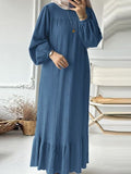 2025 Muslim Women's Robes Spring And Autumn New Fashion Bubble Sleeves Retro Pocket Hem Side Dress