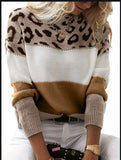 Colored Leopard-Print Round-Neck Casual Sweater Autumn And Winter New Women's Knitted Shirt Women's Long-Sleeved Bottom Shirt