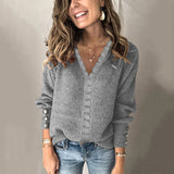 Autumn/Winter 2025 New Lace V-Necked Jacket Sweater Lady Loose Long-Sleeved Solid-Colored Sweater
