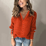 Autumn/Winter 2025 New Lace V-Necked Jacket Sweater Lady Loose Long-Sleeved Solid-Colored Sweater