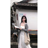 French Gentle Wind Wearing Gray Long-Sleeved Knitted Cardigan Dress Suit For Women's Autumn Slings