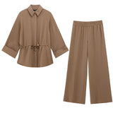Temperament Casual Suit Women 2025 Spring Shoulder Sleeves Pull The Waist Loose Shirt Tight Waist Wide Leg Pants