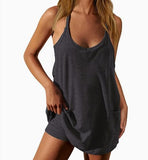 2025 Summer Solid Sleeveless Dress Fine Shoulder Strap Vest Skirt Sports Skirt Pocket