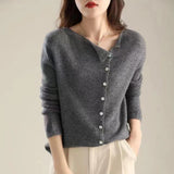 No Bump Shirt ~ 2025 Autumn And Winter Single Row Buckle Cashmere Cardigan Women Solid Color Cashmere Low Round Collar Thin Knitted Outside