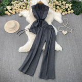 High-Grade Gray West Assembly V-Neck Double Buckle Vest Sleeveless Waist Blouse + High Waist-High-Scretch Broad-Legged Trousers Two