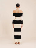 New Women's Fashion Elegant Shoulder-To-Shoulder Knitted Blouse Striped Shoulder-Long Dress