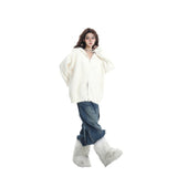 Early Autumn White Double Zipper Hooded Stingy Sweater Cardigan Soft Mashed Sweet Hot Girl Blouse