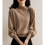 European Goods In The Ocean With Half-High Collar Knitted Women 2025 Autumn New Lantern Sleeve Cashmere Bottom Sweater Commute