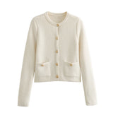 Golden Buckle-Repair Knitted Cardigan 2025 Spring Collar Bag Long-Sleeved Women's Sweater Coat