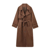 Autumn And Winter New Feeling Retro Brown Long Wind Coat Female Loose Casual Temperament Coat