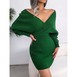 Autumn/Winter 2025 Cross-Win V-Neck Bat Dress Bag Hip Dress Sweater Dress Women's Fashion