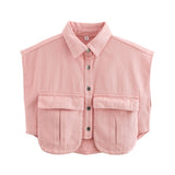 10 Color Women's Clothing 2025 Spring Solid Color Big Pocket Sleeveless Polo Collared Denim Shirt Blouse